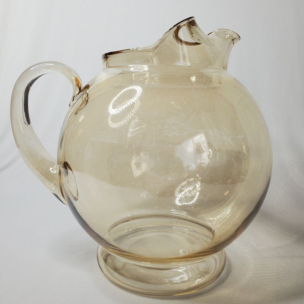 Vintage Amber Ball Pitcher Blown Glass Applied Handle Smooth Design Ripple Mouth